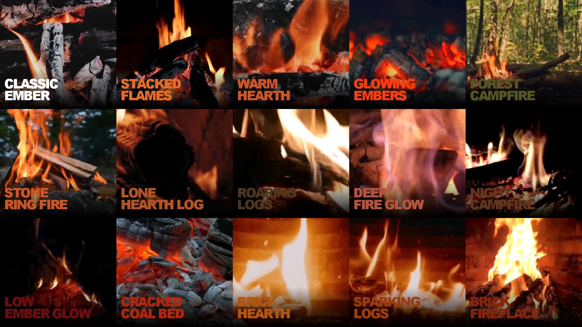 Grid of 16 fireplace scenes in LUXURY FIREPLACE: ember glow, stacked flames, hearth, campfire, and coal bed moods
